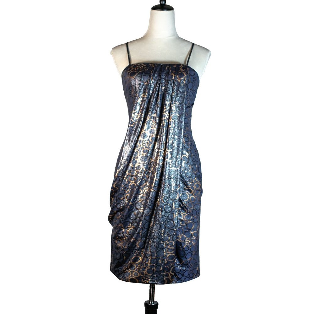 BLACK By BILUSH ALEXIA DESIGN Satin Dress Dropped Gold Black Knee Leng Size 6